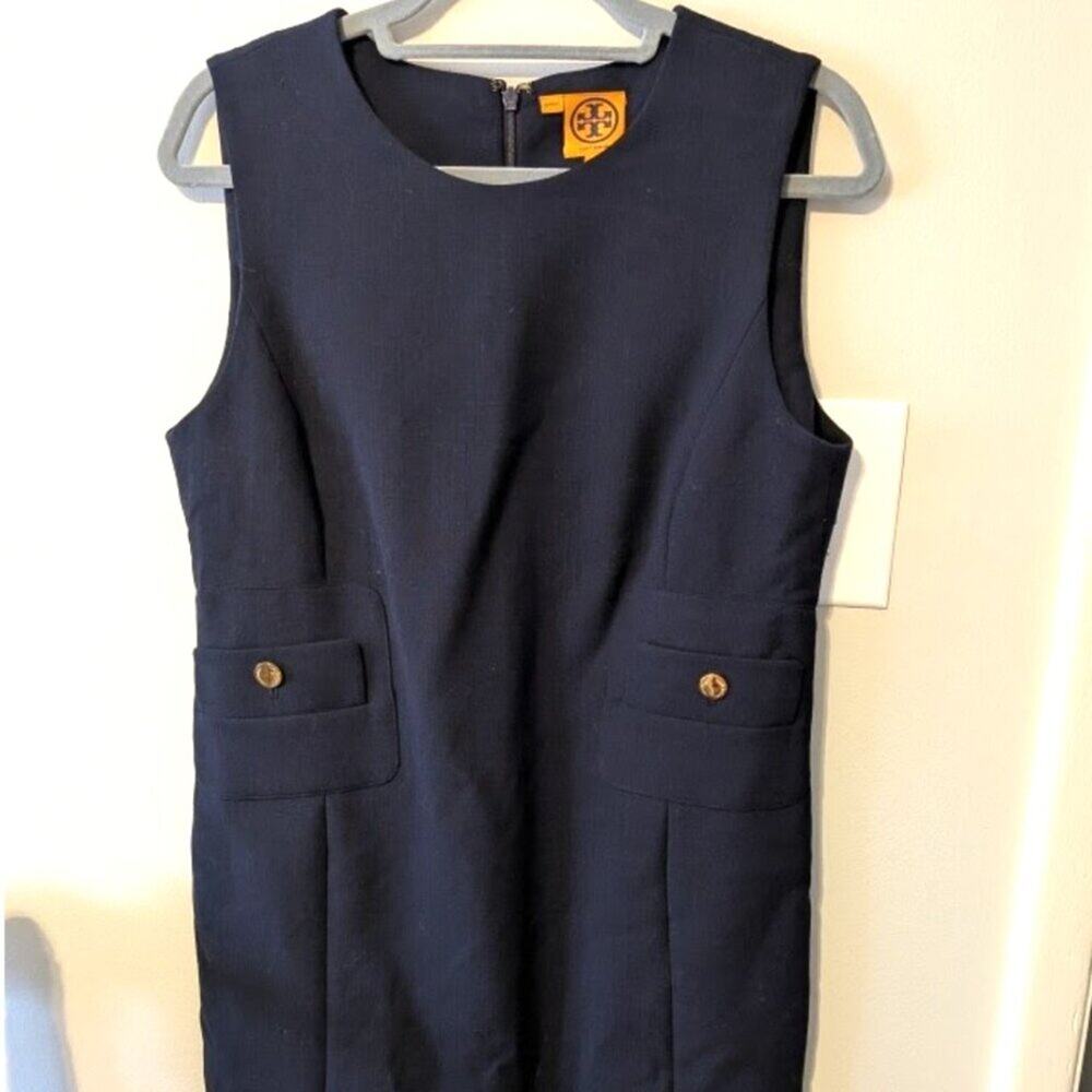 Tory Burch Navy Wool Blend Sheath Dress with Gold Logo Buttons - Size 10